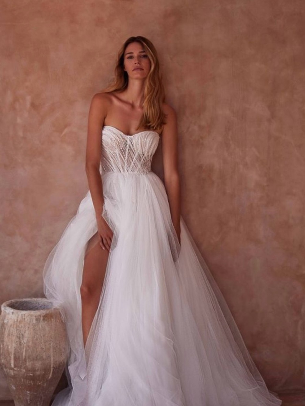 MillaNova Strapless White Tulle Gown with Beaded Bodice